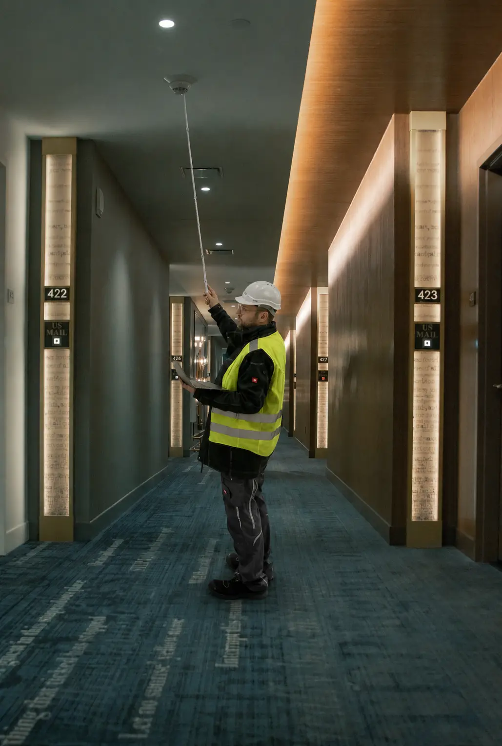 Wi-Fi technician installing an Aruba access point on a lift platform